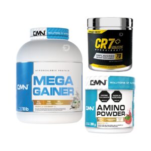 PROTEÍNA MEGA GAINER GMN 10 LIBRAS + CREATINA CR7 INE 350 GRAMOS + AMINO MASS 200 GRAMOS GMN