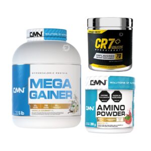 PROTEÍNA MEGA GAINER 5 LIBRAS GMN + CREATINA CR7 INE 350 GRAMOS + AMINO MASS GMN 200 GRAMOS