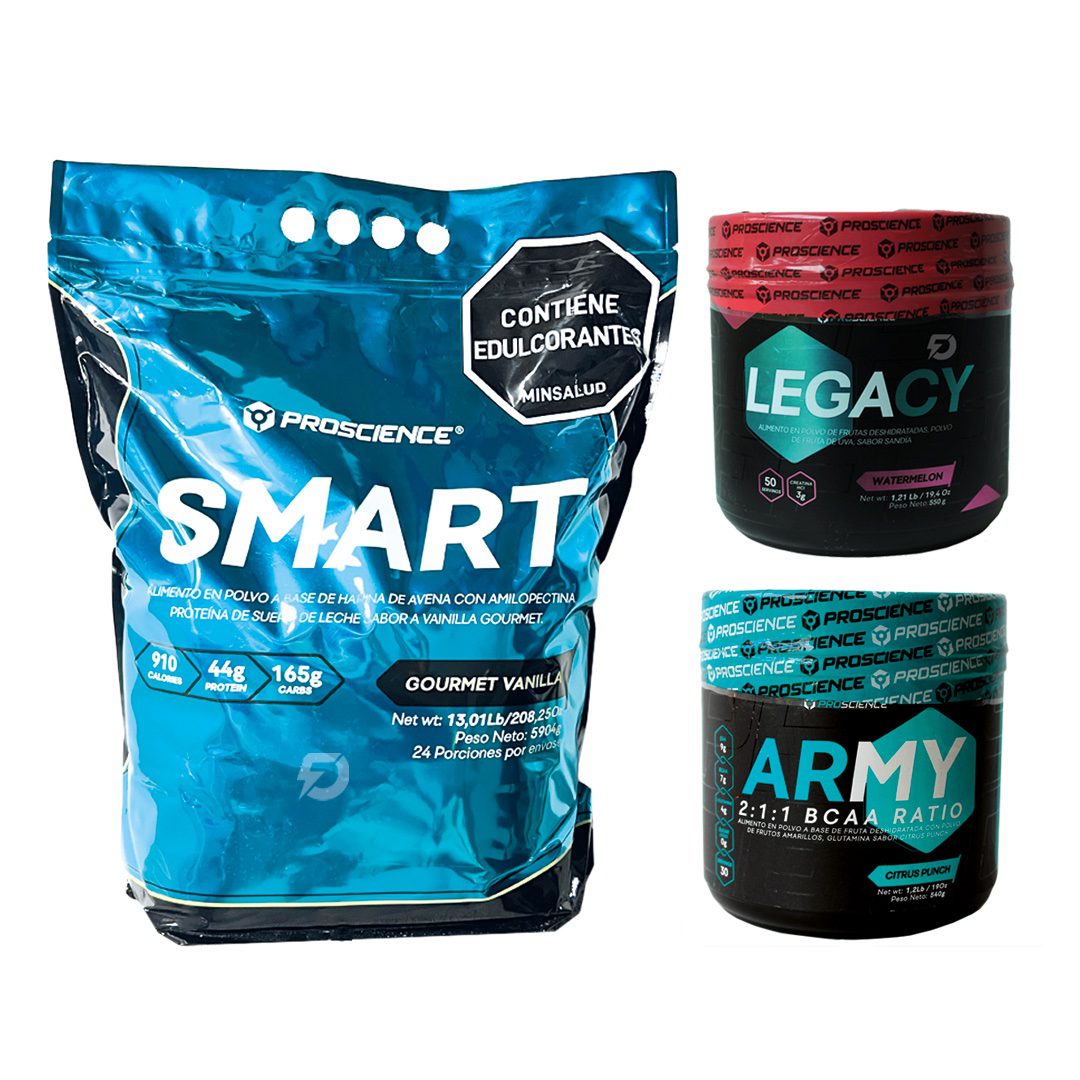 PROTEÍNA SMART 13 LIBRAS + CREATINA LEGACY  550 GRAMOS + AMINOACIDOS ARMY 1.2 LIBRAS PRO SCIENCE